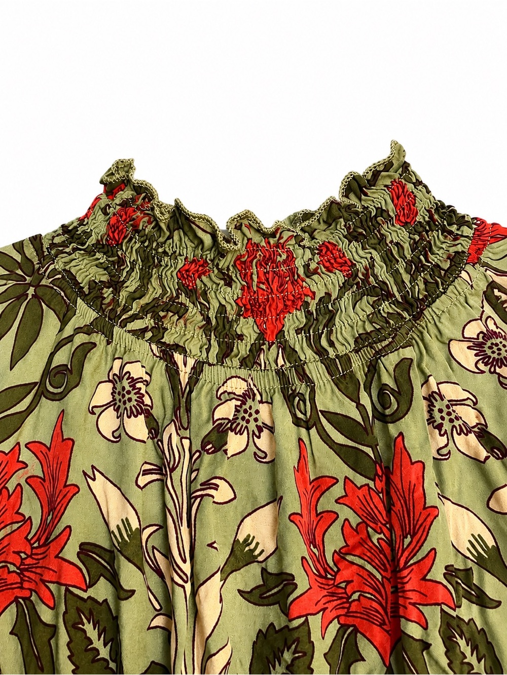 Boho Botanical Floral Smocked Waist Midi Dress Cottagecore Prairie Olive XS - Picture 4 of 7